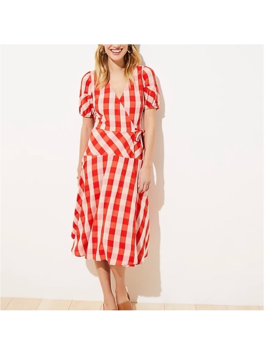 LOFT Dresses & Skirts - LOFT Red and Cream Gingham Midi Wrap Dress
